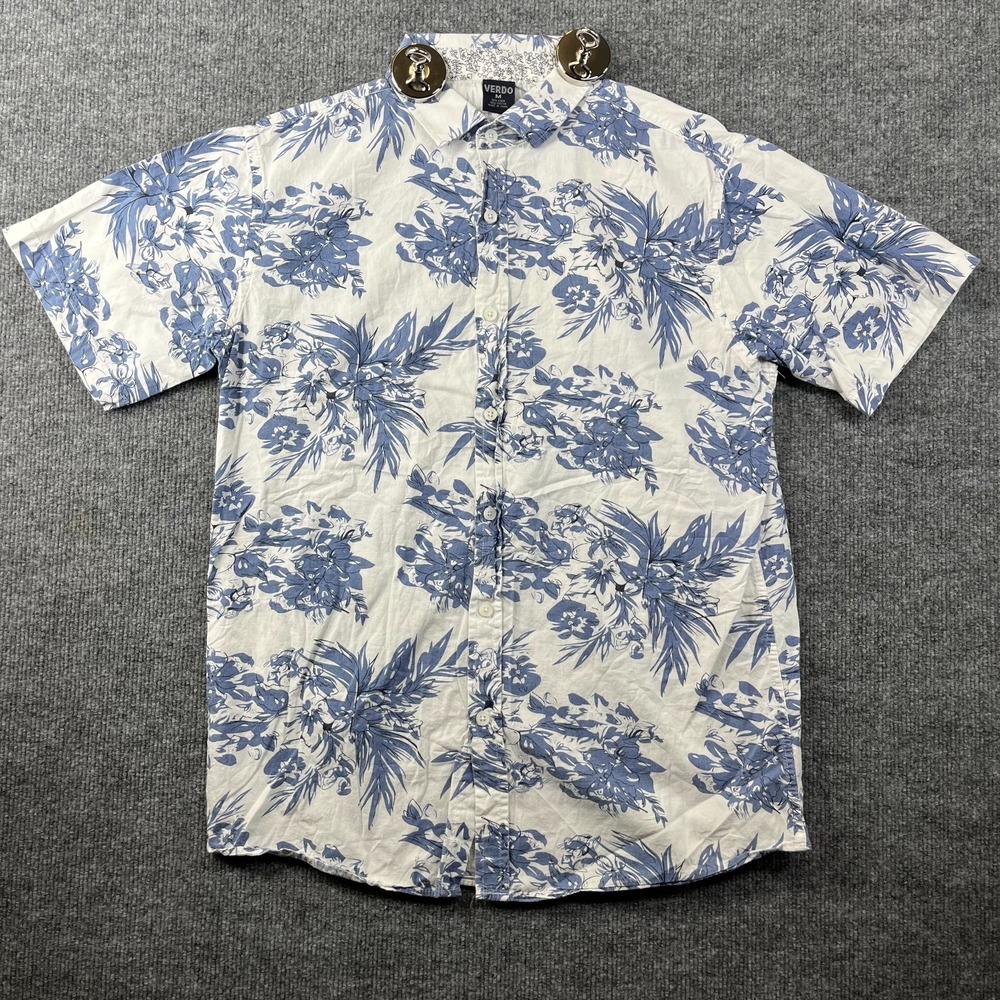 Verdo Hawaiian Aloha Shirt Mens Blue Floral Short Sleeve Tropical Beach - Medium